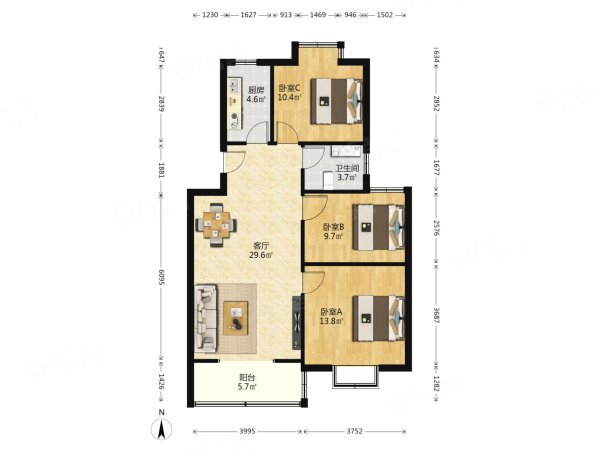 殷巷新寓3室2厅1卫94.82㎡南190万