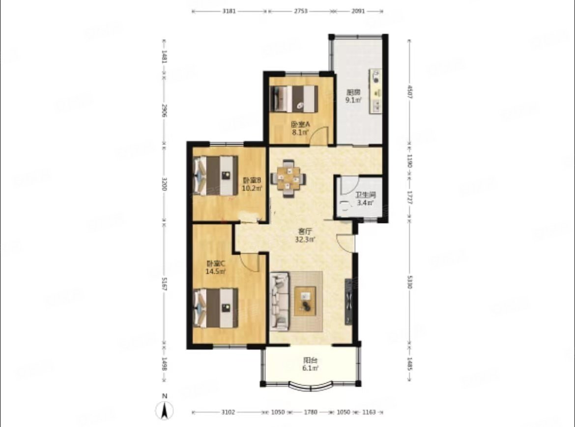 金山小区 南北通透 双阳台 正规三房 全明户型,金山小区二手房,322万