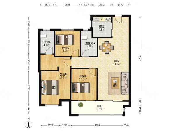 美的国宾府3室2厅2卫117.98㎡南北218万