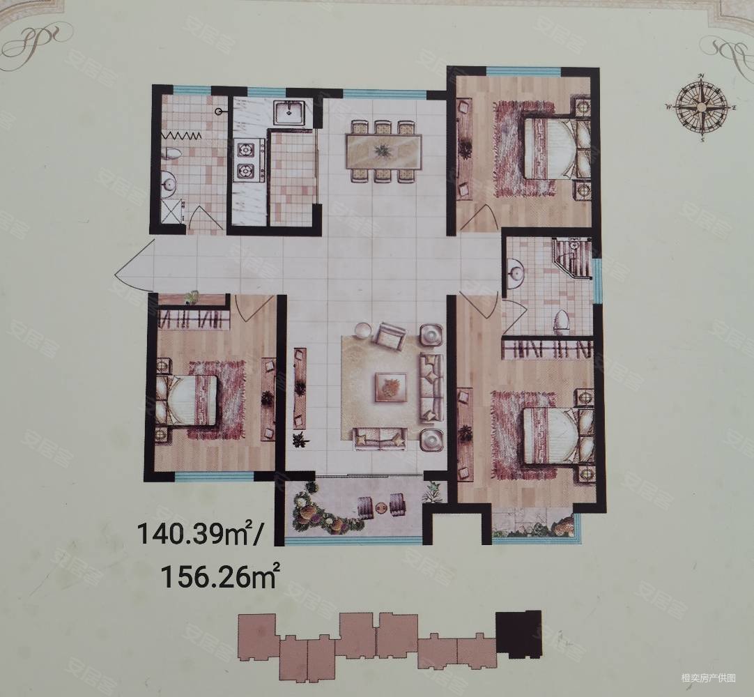 经典清河湾c区双阳抱客厅侧挎厨房三室户型