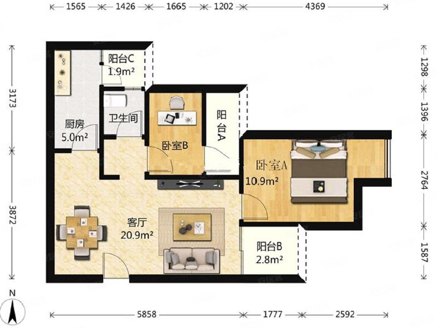 户型方正 采光好 视野开阔 装修很好,融景城朗峰二手房,142万,2室2厅