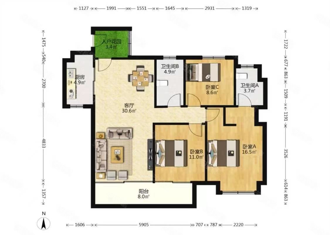 广州绿地城3室2厅2卫114.66㎡南225万