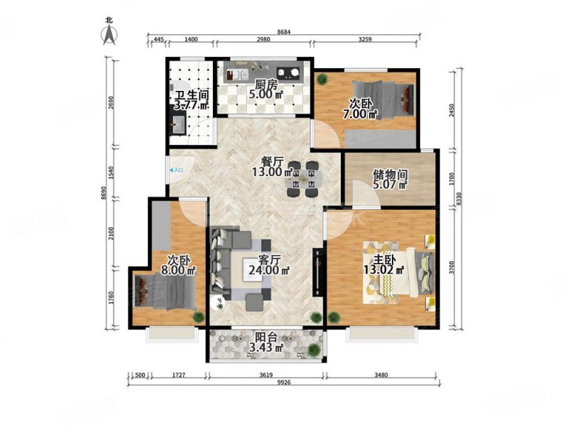 中建玖樾府玖玥花园3室2厅1卫97.63㎡南北168万