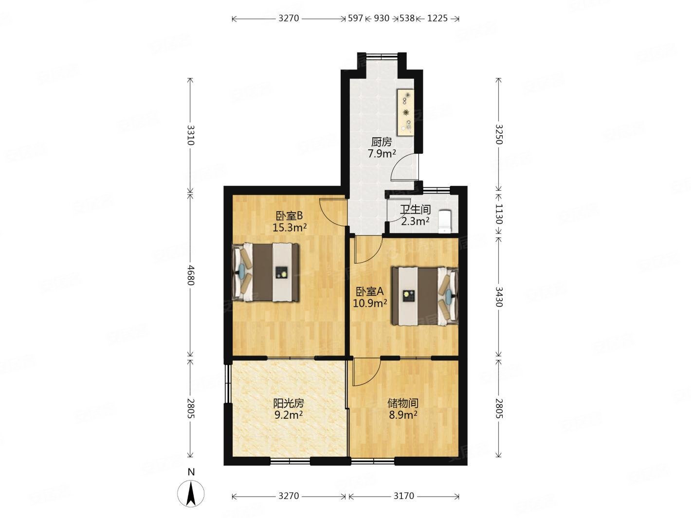 2室1厅新河二村南北通透47平房东急置换诚意买房