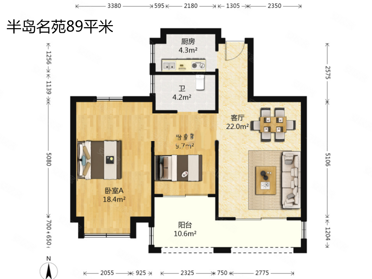 润景花园2室2厅2卫87.72㎡南北142万