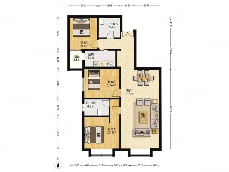 苹果社区(北区)3室1厅2卫121㎡东南680万