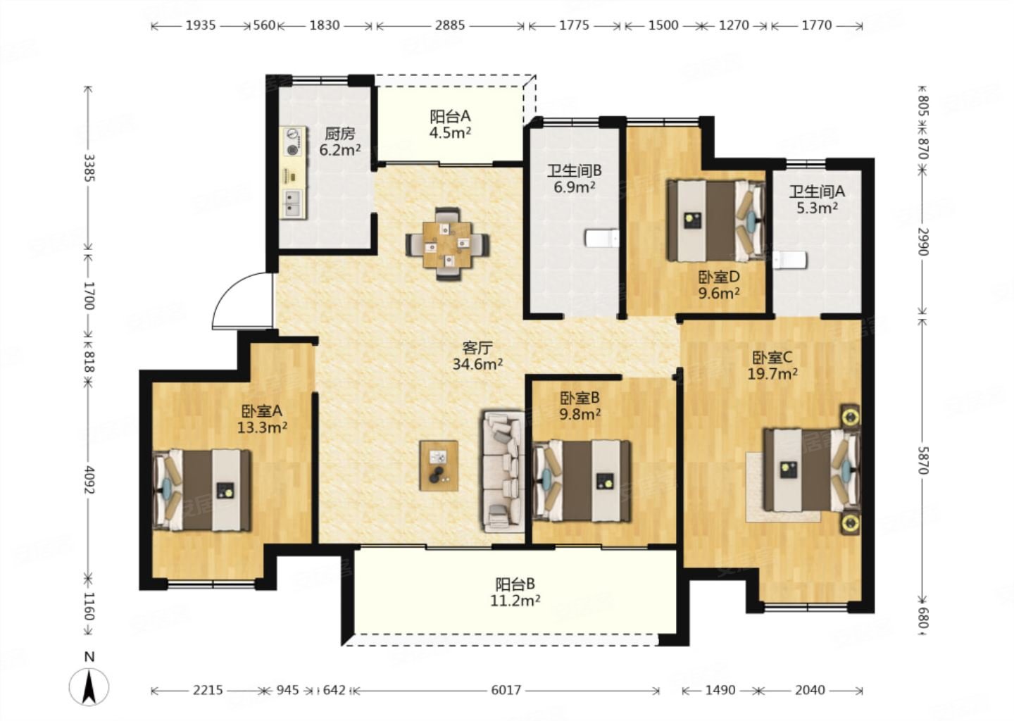 四房两卫飞机户型 看房有钥匙,江南平安里二手房,524万,4室2厅,2卫