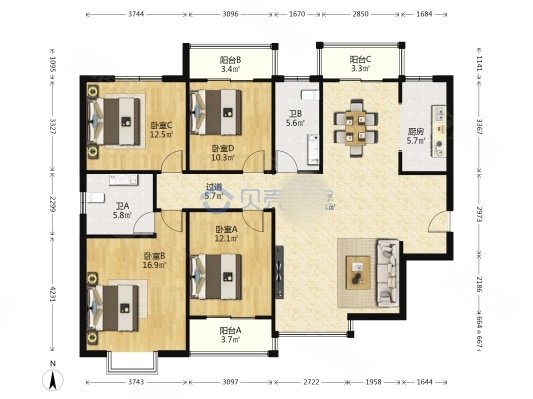 力合翰林苑4室2厅2卫155㎡南北140万