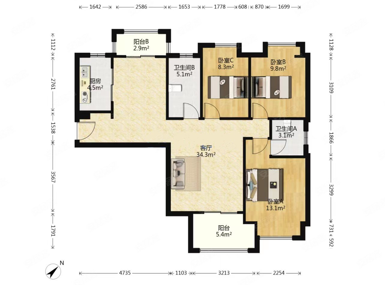 满五 南北通透 3室2厅 精装修,中建开元公馆二手房,248万,3室2厅,2卫