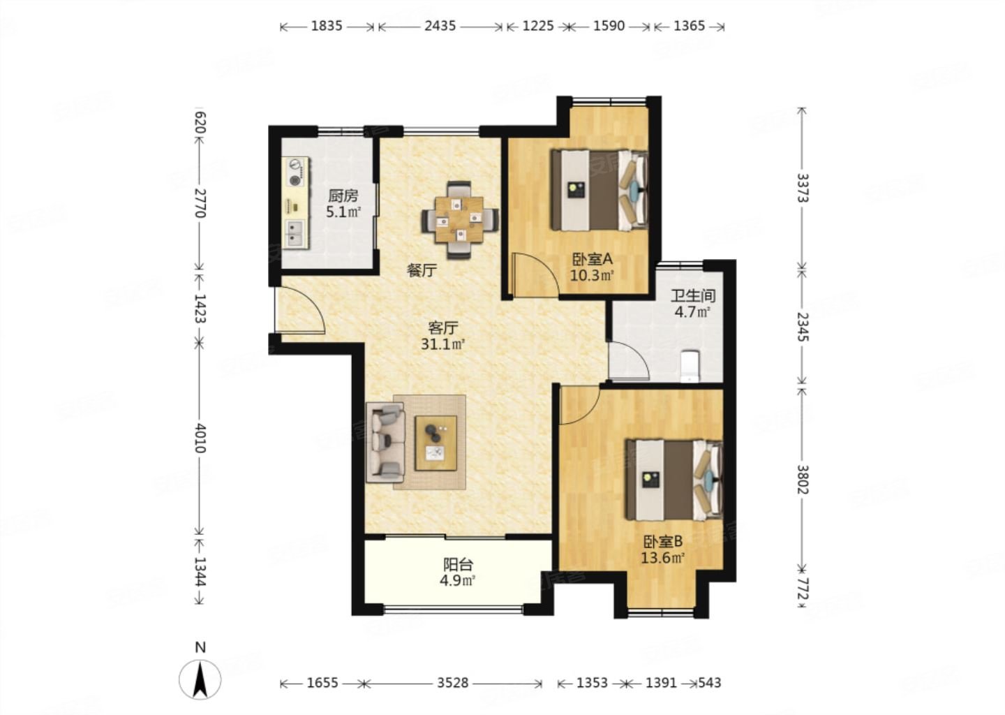 通透户型,中间楼层 满五年 ,诚心出售,康桥丽都二手房,165万,2室2厅,1
