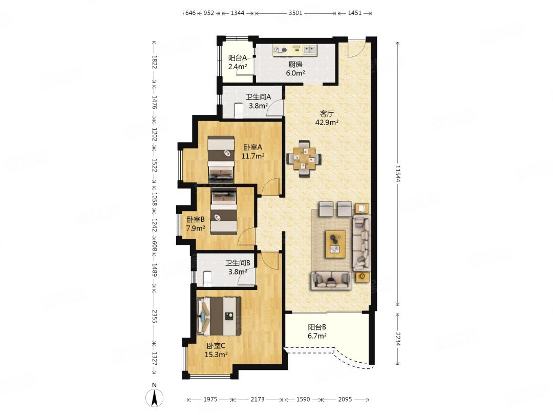光大花园西南向大三房121平方680万