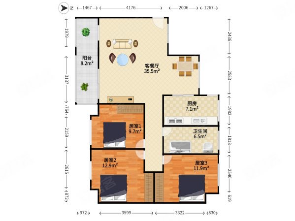 德洲城五六期4室2厅1卫98.59㎡南北101万