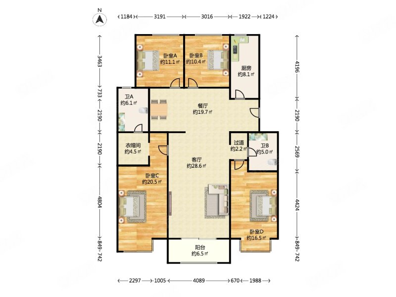 琨御府(公寓住宅)4室2厅2卫169.28㎡南北3400万