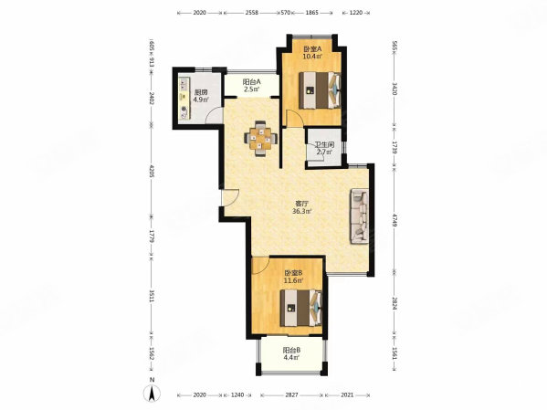 纳丹堡2室2厅1卫97.31㎡南北120万