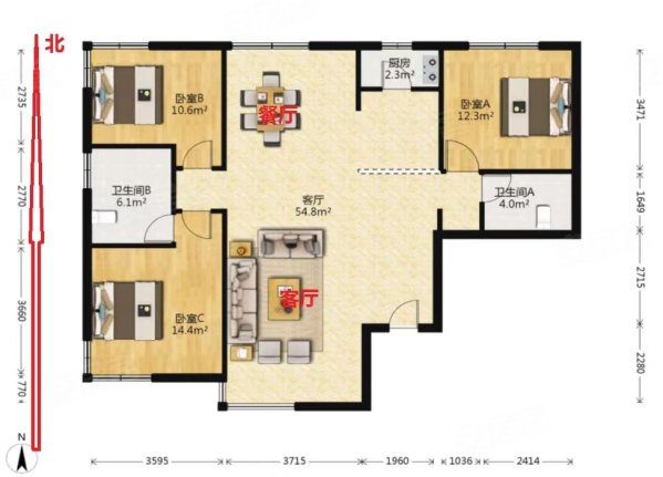 西美第五大道小区3室2厅2卫142㎡南北195万