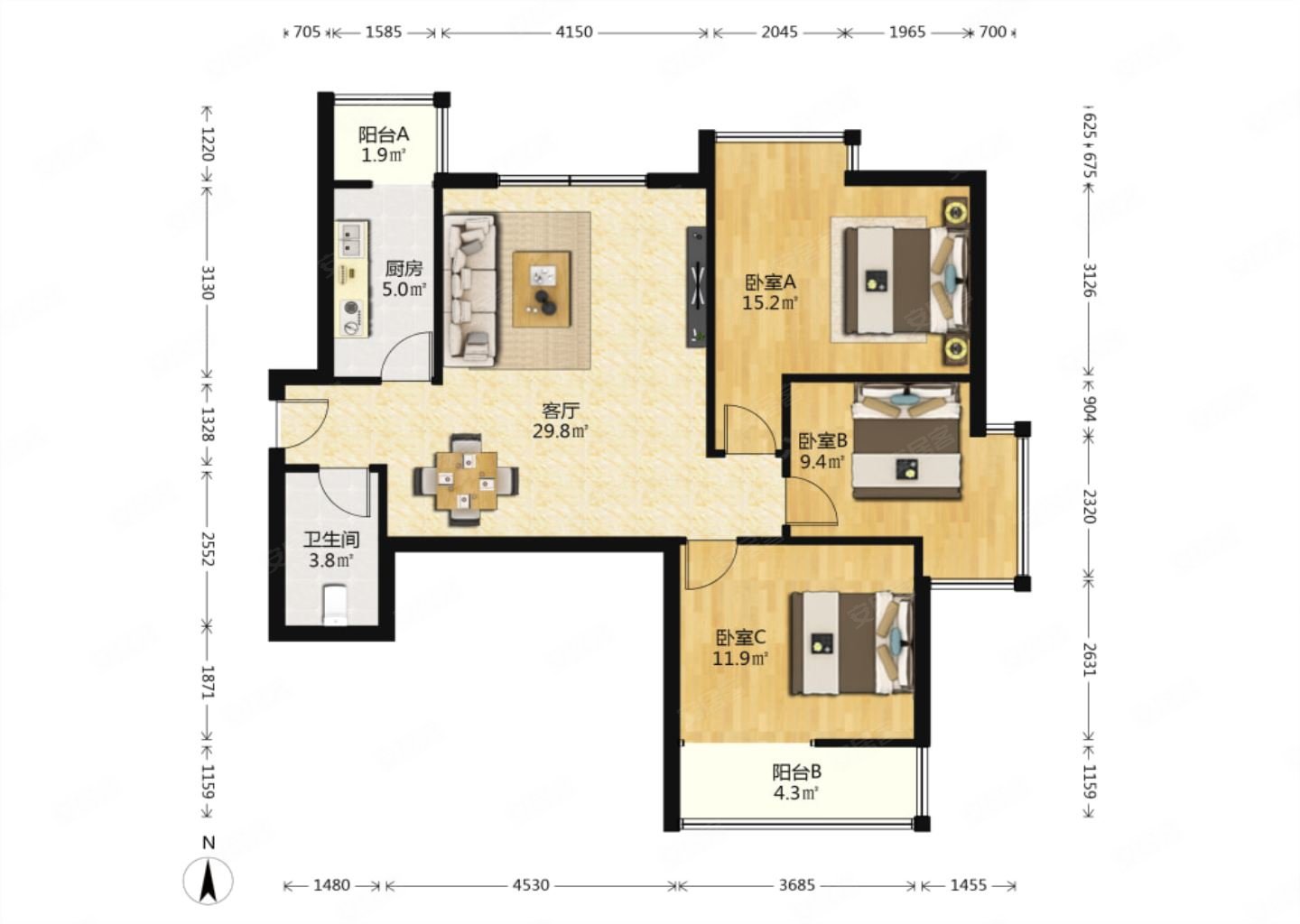 海璟时代3室2厅1卫107.84㎡南北126万