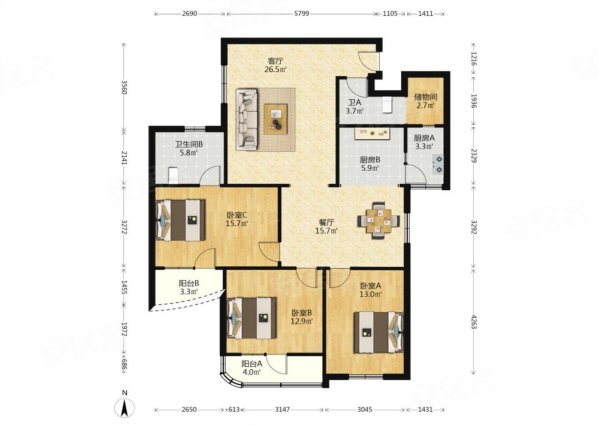 玫瑰大楼3室2厅2卫157㎡南北350万