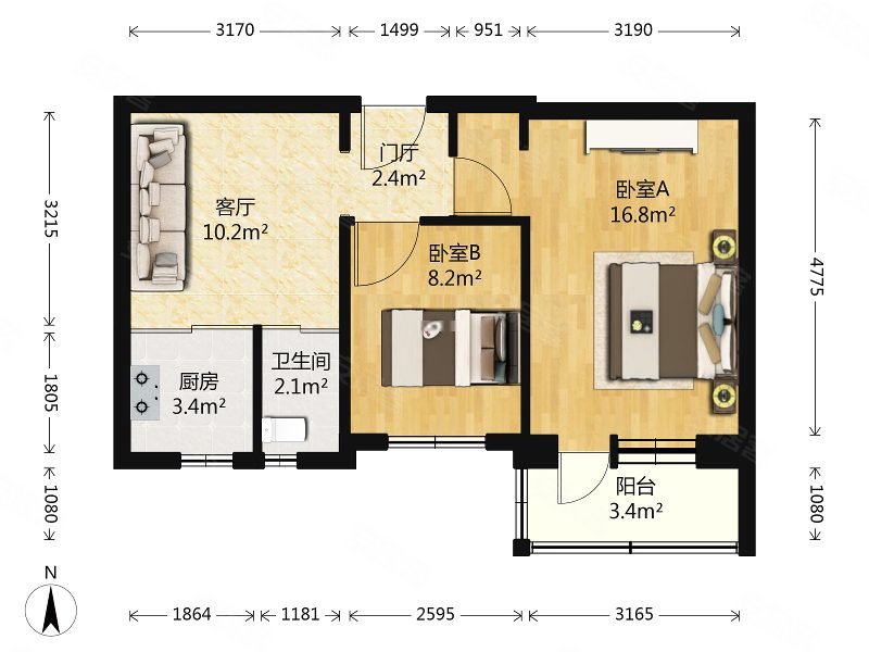 建设三里2室1厅1卫58.95㎡南150万