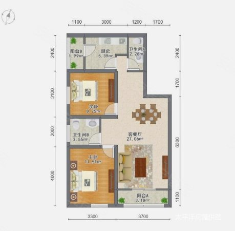 虹桥河滨花园2室2厅2卫103.42㎡南北960万