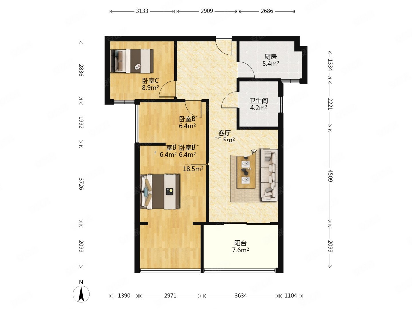 中国铁建国际城和畅园3室2厅1卫83.6㎡南北195万