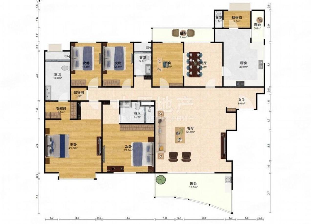 仁恒滨江园(三期)5室2厅3卫327.2㎡南北4200万