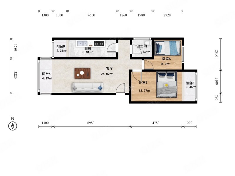 南门仓社区2室1厅1卫80.98㎡东西880万