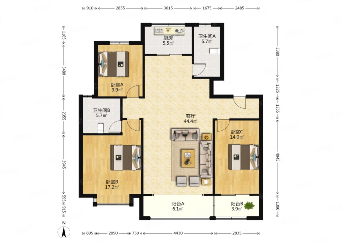 四建美林花园3室2厅2卫143㎡南北368万