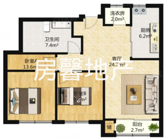 惠灵顿河庭花苑2室2厅1卫96.02㎡南北305万