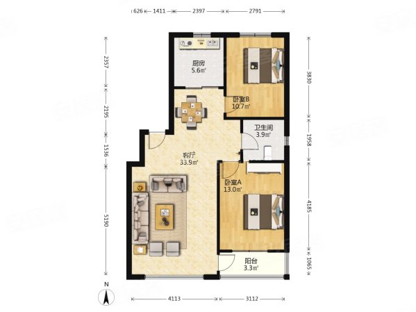 骏腾名苑2室2厅1卫92.97㎡南北113万