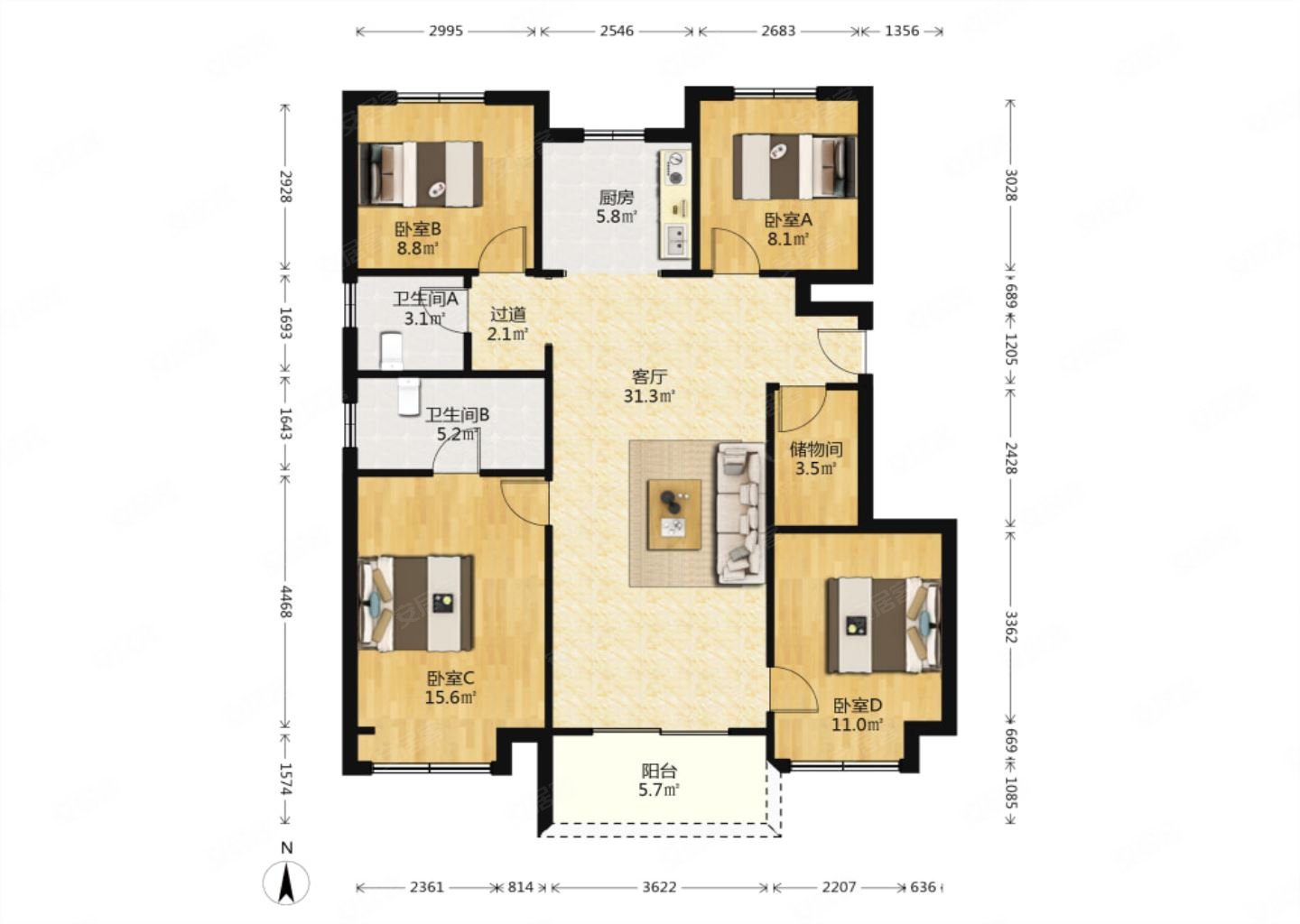 升龙御玺一期4室2厅2卫126㎡南北285万