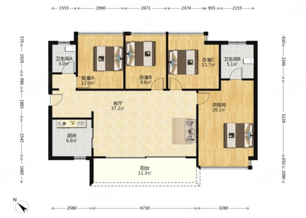 时代天境雅苑4室2厅2卫140.44㎡南北445万