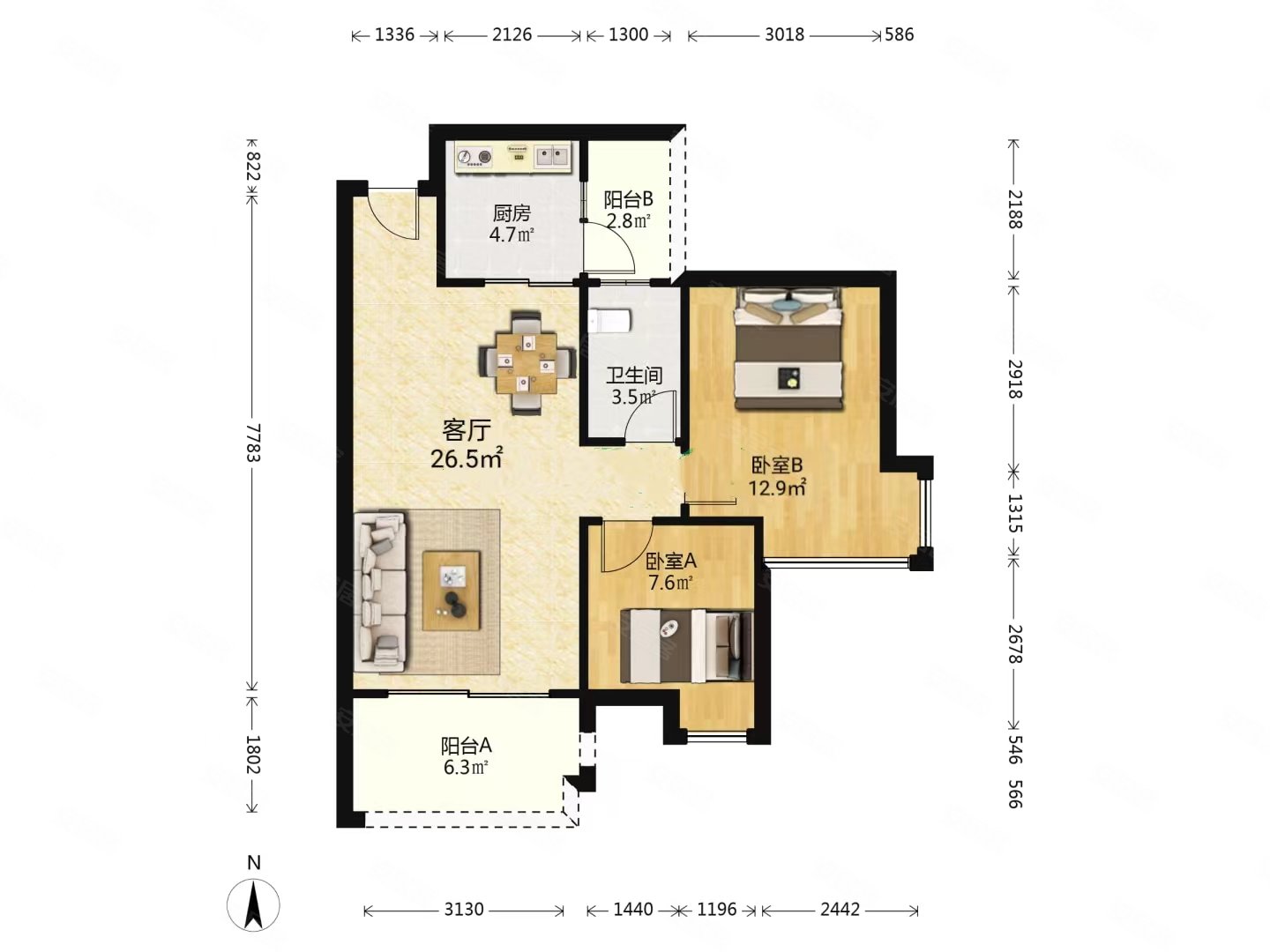 广州富力城2室2厅1卫77.89㎡东南220万