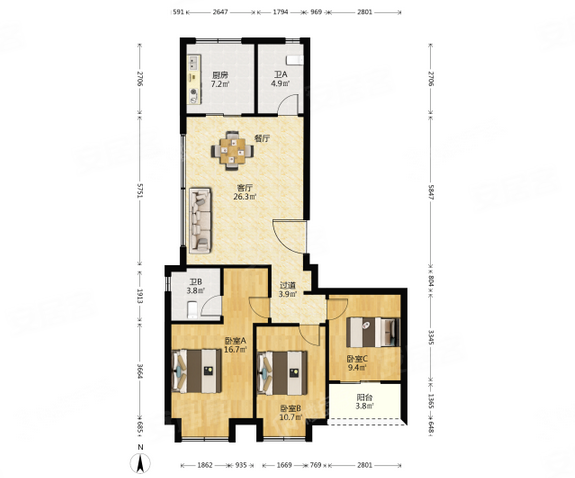 凤起潮鸣物业租售中心127平三房朝南大客厅