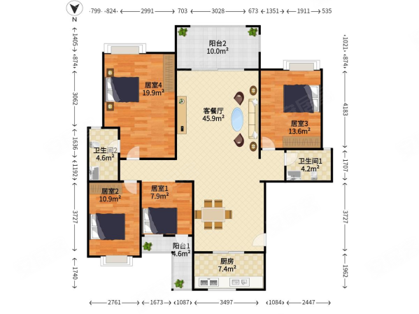 远洋城万象花园4室2厅2卫154.94㎡南北275万