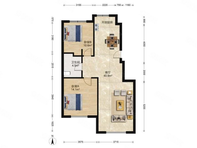 宏都熙景2室2厅1卫91.41㎡南北218万