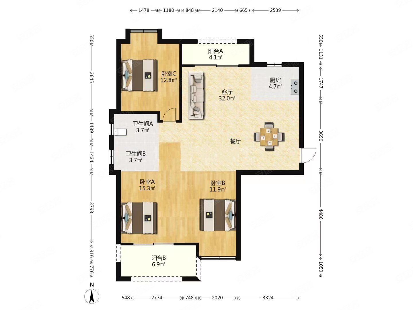 霞镜新城三区端头大三房低总价次新房