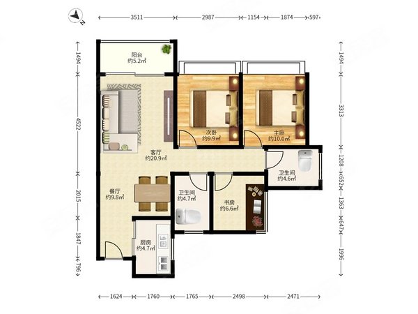3室2厅1卫 94平 配套齐全 电梯房出租房源真实图片