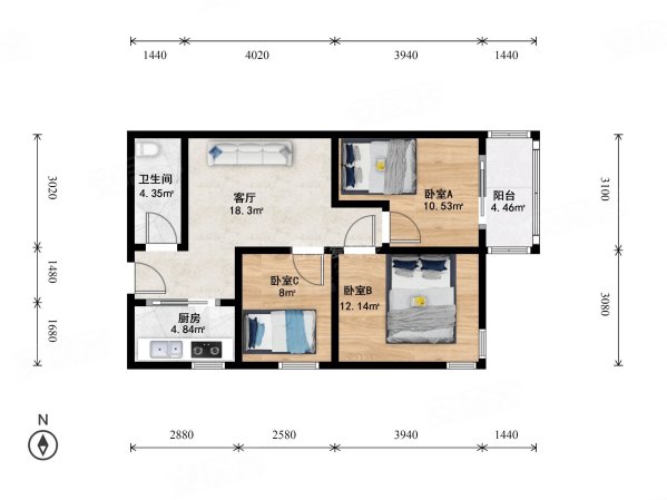 新纪家园3室1厅1卫82.14㎡东南685万