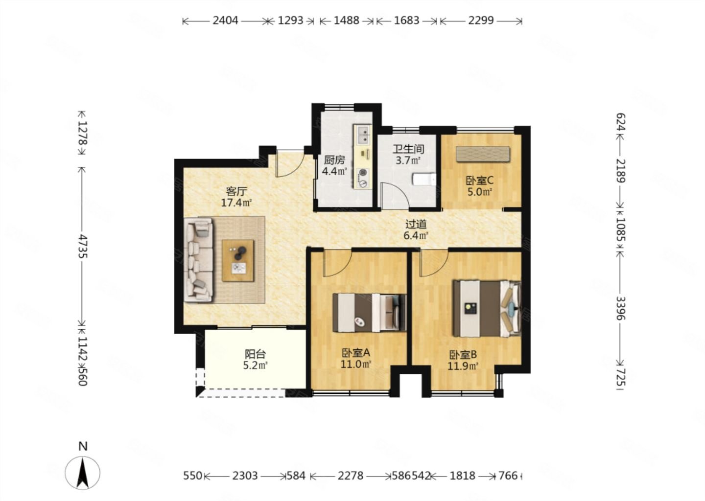 湖山帝景湾南苑3室1厅1卫86.65㎡南185万