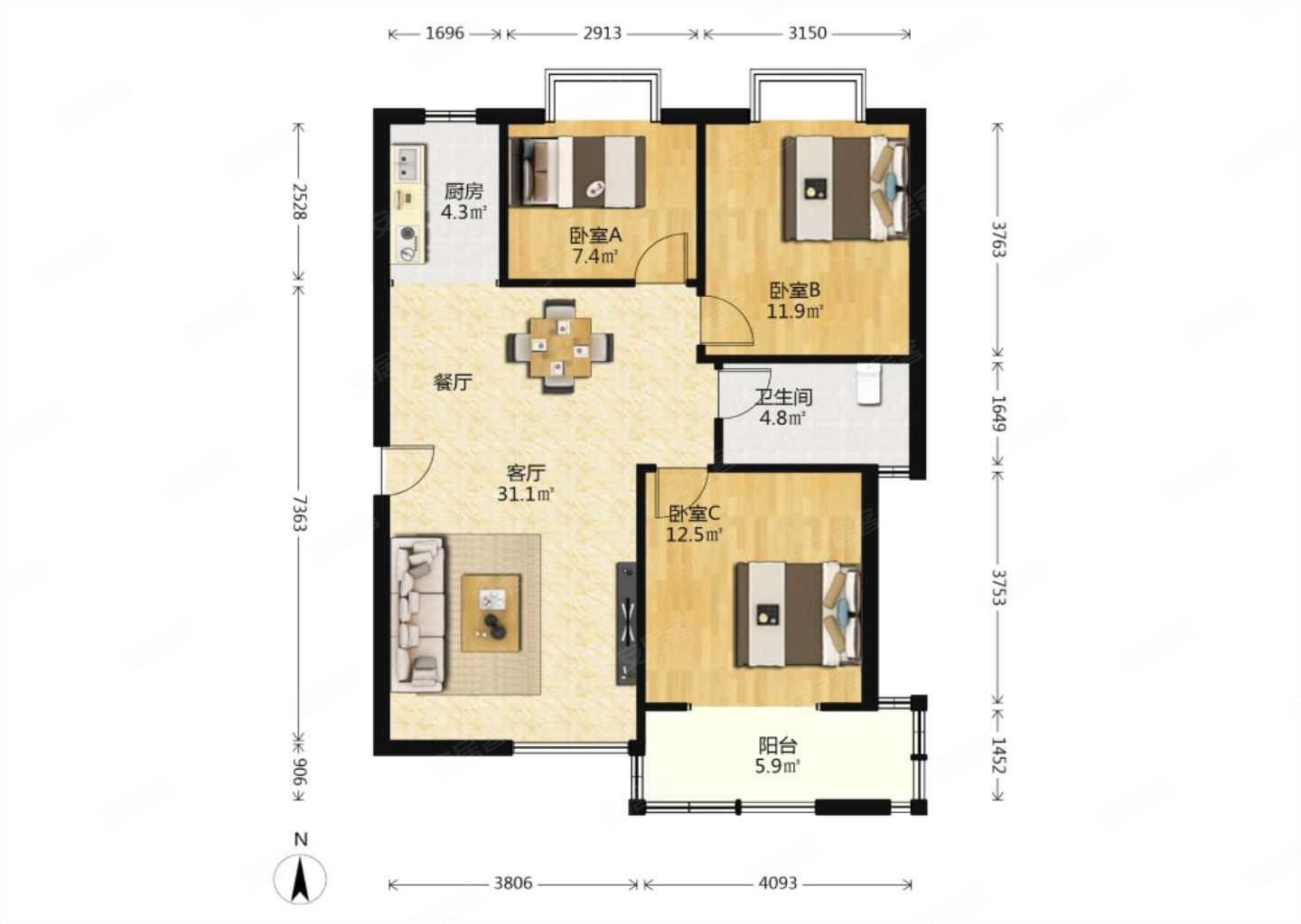 花漾青城三室二厅一卫南北通透毛坯诚心出售!