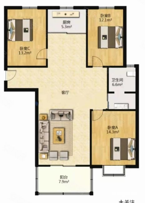 开元阳光里3室2厅1卫128㎡南北135万