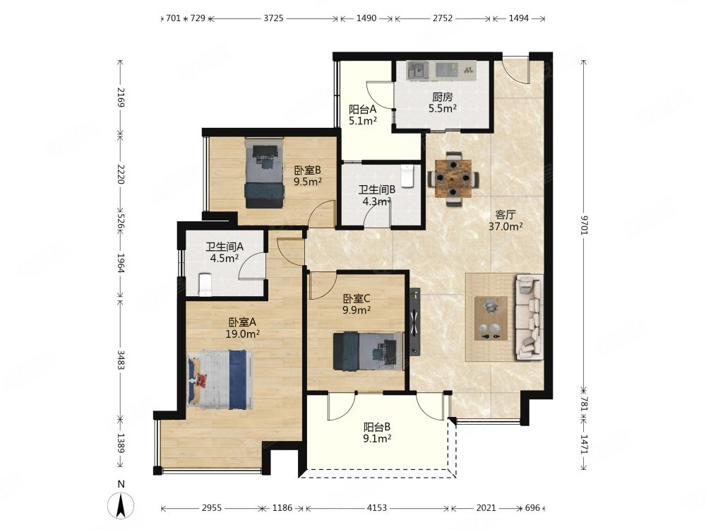 华润翡翠城3期3室1厅2卫119.59㎡南400万