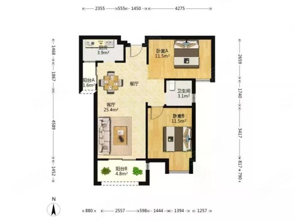 洺悦府2室2厅1卫87.94㎡西北140万