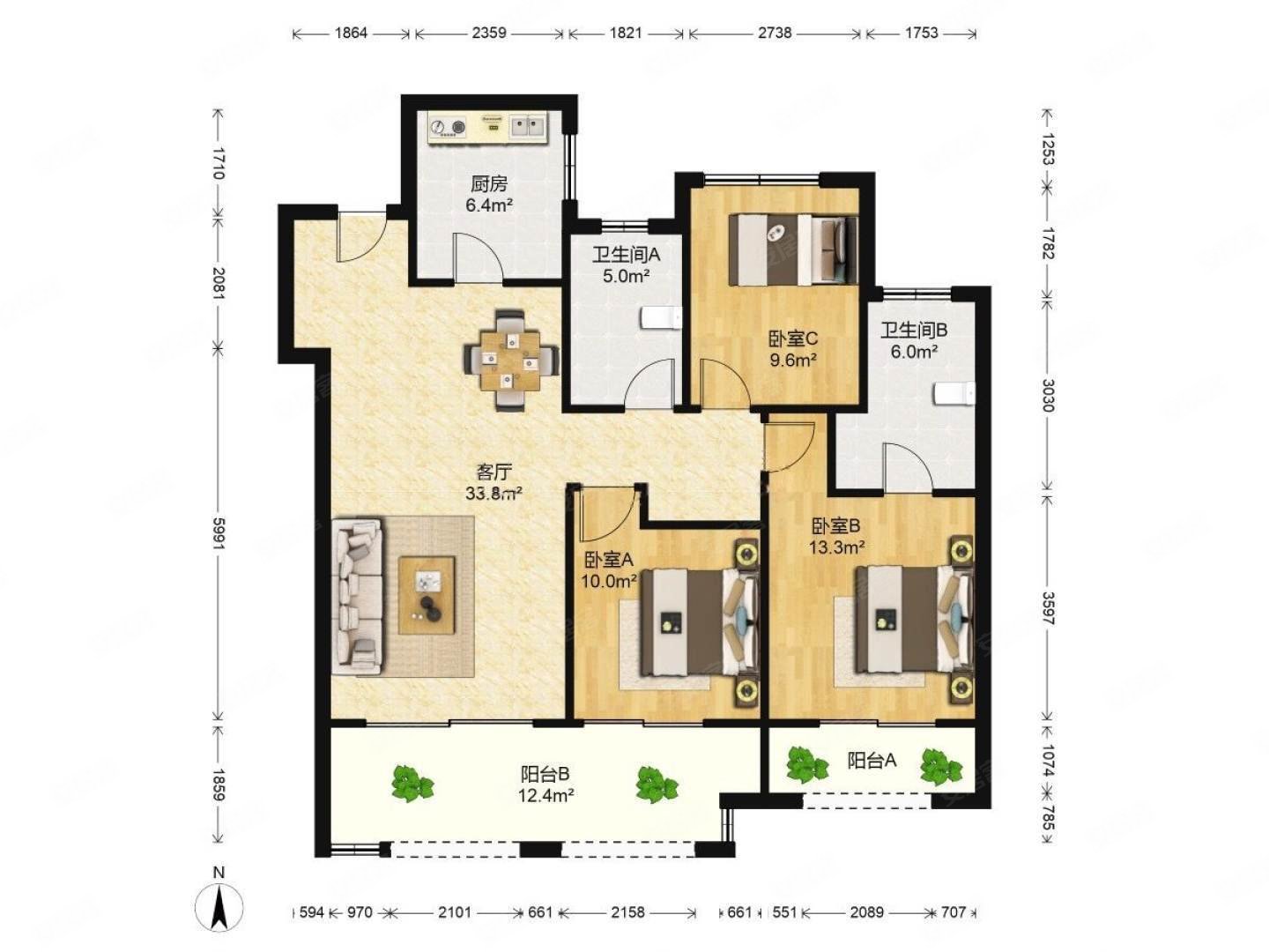 中粮祥云国际3室2厅2卫120.74㎡南北210万