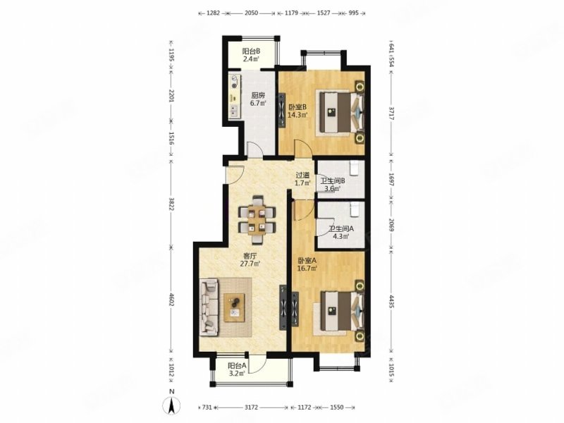 格林莱雅2室1厅2卫109.7㎡南北650万