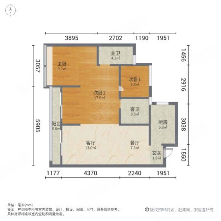 融创微风之城(公寓住宅)3室2厅2卫97.06㎡南北105万