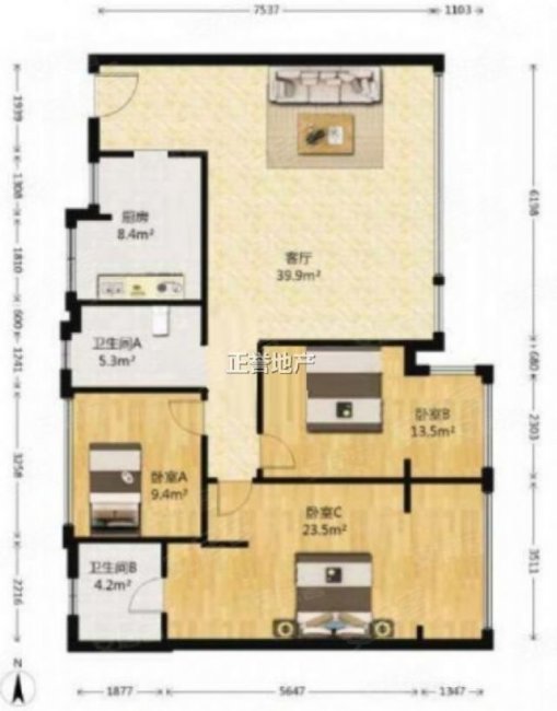 香山半岛3室2厅2卫105.53㎡东190万