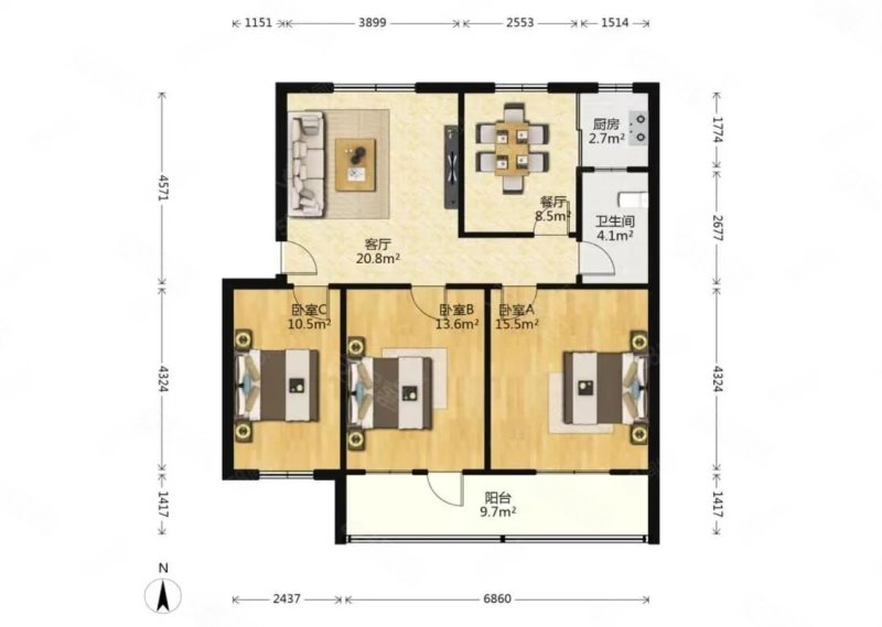 长廷街小区3室2厅1卫90㎡南北36.8万