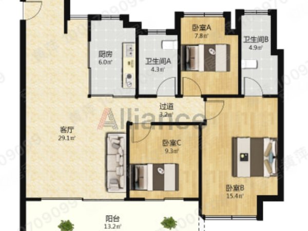 南昌西湖云飞路国贸蓝湾花园华侨城旁 国贸蓝湾精装三房 家具家电齐全 拎包即可 随时看房出租房源真实图片