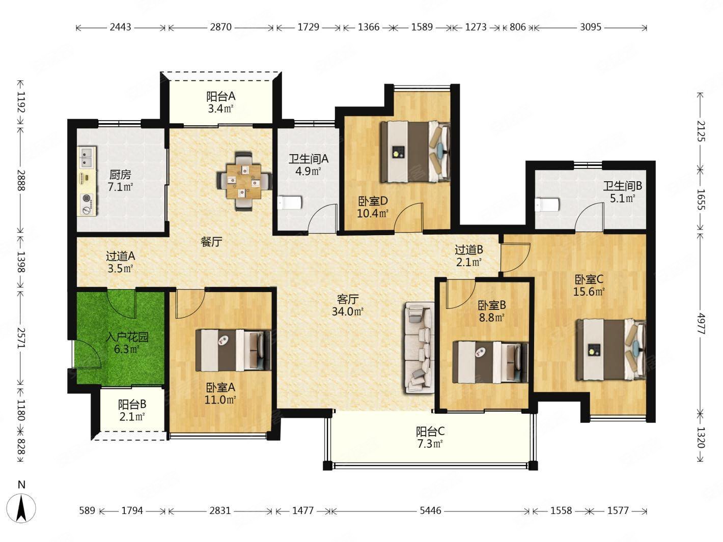 科城山庄4室2厅2卫142.77㎡南北750万